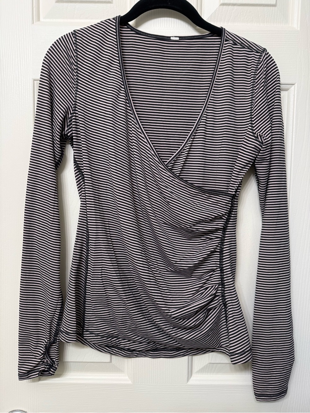 Women's Black and Pink Striped Wrap-Style Ruched Long Sleeve Top